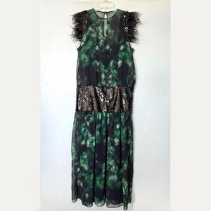 Zara Feather Sequin Detail Combination Printed Midi Dress in Green/Black Size XS